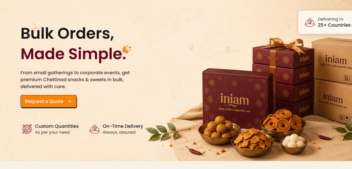 Bulk Orders, Made Simple — premium Chettinad snacks & sweets in bulk, delivered with care